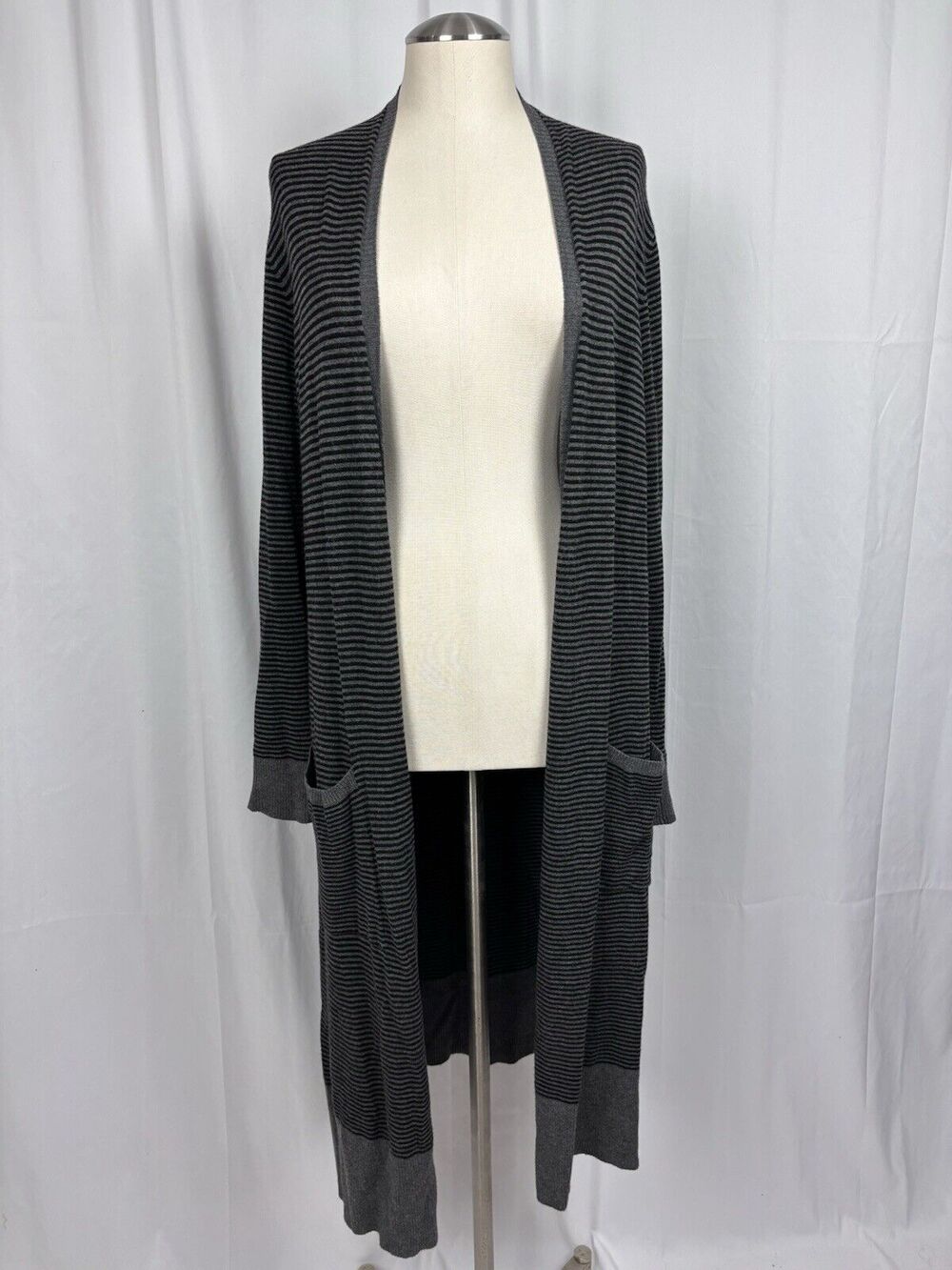 Eileen Fisher Petite Long Cardigan Duster Striped Black Gray Womens PS